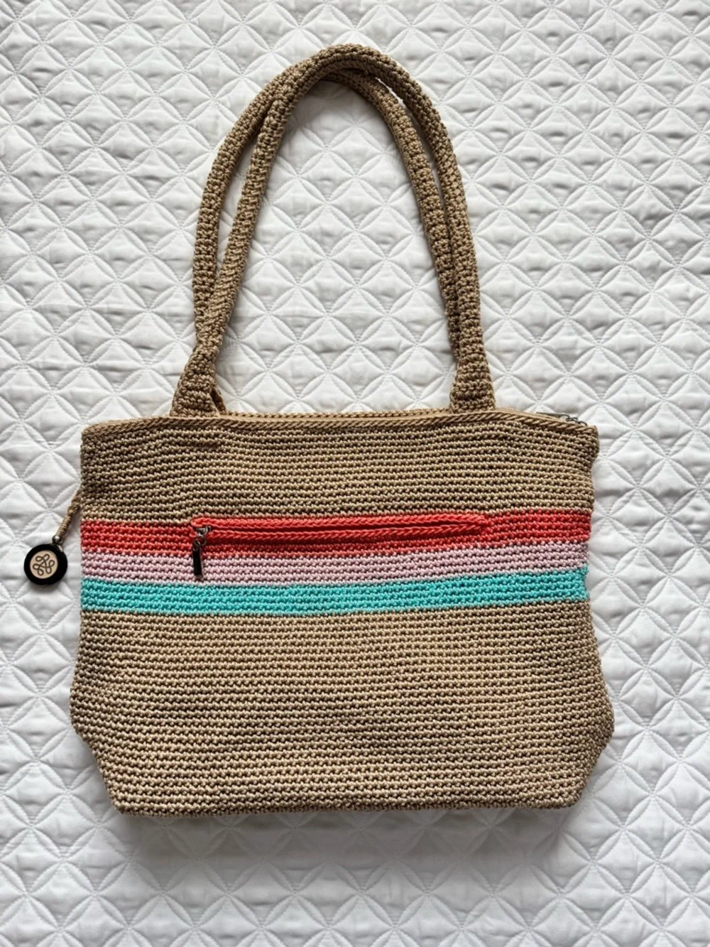 The Sak Crochet Shoulder Tote Bag Purse Zip Top Tan Coral Blue Pink Stripes